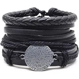 university trendz Stylish PU Leather Coin Design Handcrafted Charm Wrist Band Multi Strand Bracelet for Men and Boys (Set of 4)-picture-29