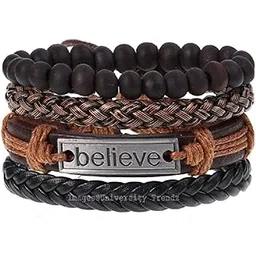 university trendz Stylish PU Leather Stone Beads Inspirational Believe Words Charm Wrist Band Multi Strand Bracelet for Men and Boys (Set of 4)-picture-27