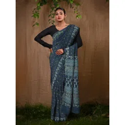 Unnati Silks Blue Printed Saree With Unstitched Blouse-picture-45