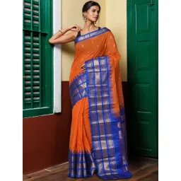 Unnati Silks Orange & Dark Blue Pure Cotton Woven Saree-picture-11