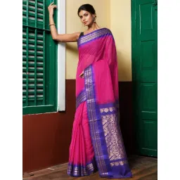 Unnati Silks Pink & Dark Blue Pure Cotton Saree-picture-31