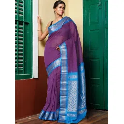 Unnati Silks Purple & Blue Pure Cotton Chequered Saree-picture-31