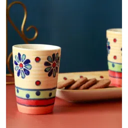 unravel india Flower Petals 150Ml Multicolor Ceramic Set Of 2 Glass With 1 Tray-picture-10