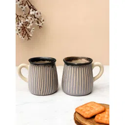 Unravel India Grey & White Handcrafted and Hand Painted Textured Ceramic Glossy Mugs Set of Cups and Mugs-picture-14