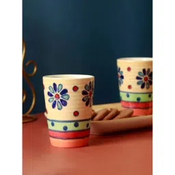 Unravel India Multicolor Flower Petals Handpainted Ceramic 2Pc Tumbler & Tray Set (0.2 L)-picture-14