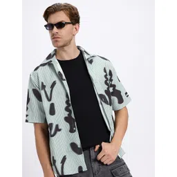 UNRL Abstract Print Striped Relaxed Casual Shirt-picture-29