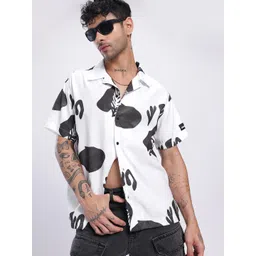 UNRL Abstract Printed Cuban Collar Relaxed Fit Monochrome Casual Shirt-picture-14