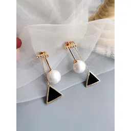 Unwind by Yellow Chimes Black Pearl Studded Geometric Drop Earrings-picture-25