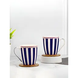 UPC White & Navy Blue 2 Pieces Striped Printed Dishwasher Safe Ceramic Glossy Mugs-picture-35