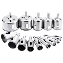 Uptodatetools Diamond Hole Saw Drill Bit Set Masonry Round 6 to 50 mm Dia. Range Diamond-Coated Steel Metallic Silver (Set of 15 Pcs)-image-0
