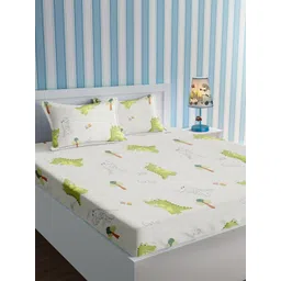 URBAN DREAM White & Green Conversational Cotton 210 TC Queen Bedsheet With 2 Pillow Covers-picture-47