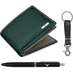 urban forest Kenny Green/Light Grey Leather Wallet, Black Pen & Keychain Combo Gift Set for Men-picture-27