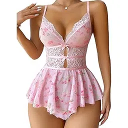 urban kanya Floral Lace Babydoll Lingerie Set with V-Neck, Adjustable Straps, Bow Detail, Skirt Style Bottom-picture-11