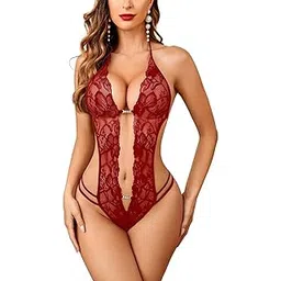 urban kanya Women's Lace Teddy Lingerie, Deep V-Neck Halter Bodysuit, Floral Pattern, Strappy Design Night Babydoll-picture-27