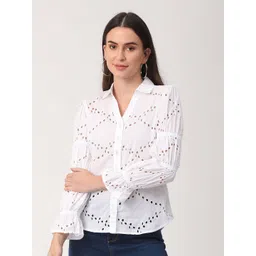 URBAN POCHE Women Self Design Schiffli Shirt Style Top-picture-30