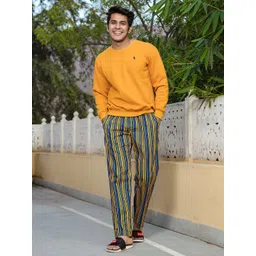 URBAN SCOTTISH Men Yellow & Black Striped Pure Cotton Lounge Pants image 1