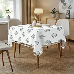 Urban Space 100% Cotton Dining Table Cover Square Table Cover, Printed Cotton Table Cloth for Center Table with Boho Tassels, 48" x 48" - Square TC Liberty Blue-picture-22