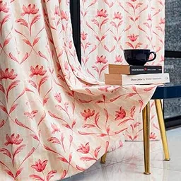 Urban Space Flowers 100% Cotton Curtains for Window, 60-65% Light-Filtering Room Darkening Decorative Curtains, Readymade Tieback Curtain with Eyelet Set of 2 (Water Lily - Red, 5 feet x 4 feet)-picture-17