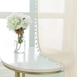 Urban Space Linen Textured Sheer Curtain for Door Living Room, 35-40% Room Darkening, Decorative Curtains with Eyelets, Set of 2 Curtains - Buttercream with pom pom (Door -7 feet x 4 feet)-picture-13