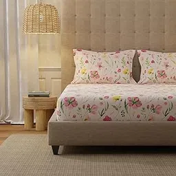 Urban Space Serene 200 TC 100% Cotton Elastic Fitted Bedsheets King Size with 2 Pillow Covers, King Size bedsheet (Meadows Rose Pink, Size 72 x 78 inches)-picture-35