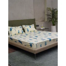 Urban Space Blue & White Cotton 200 TC Fall Leaves Single Bedsheet with 1 Pillow Cover-picture-14