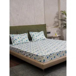 Urban Space Blue & White Cotton 200 TC Guldaudi Floral Printed Single Bedsheet with 1 Pillow Cover-picture-14