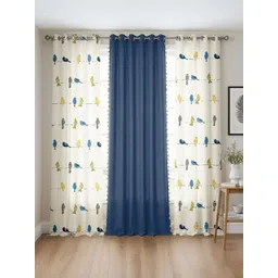 URBAN SPACE Blue & White Set of 3 Floral Window Curtain-picture-36