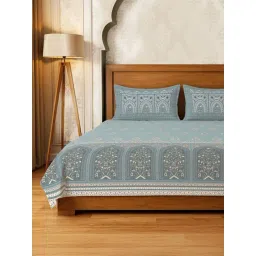Urban Space Blue Block Print King Fitted Bed Sheets Sets With Pillow Covers-picture-23