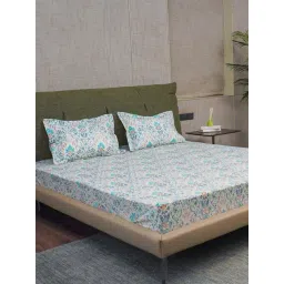 Urban Space Blue Cotton 200 TC Mughal Garden Printed Single Bedsheet with 1 Pillow Cover-image-18