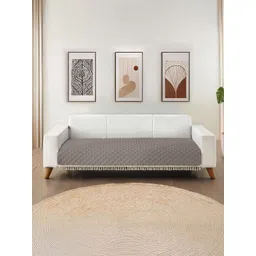 URBAN SPACE Brown & White Quilted Microfiber 3 Seater Sofa Cover With Tassels-picture-38