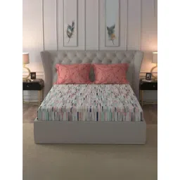 Urban Space Cotton Stripes Pink 144 TC Pink King Fitted Bed Sheet with 2 Pillow Covers-picture-36