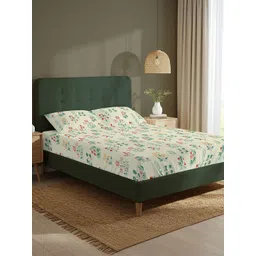URBAN SPACE Cream-Coloured & Green Floral 200 TC King Bedsheet with 2 Pillow Covers-picture-24