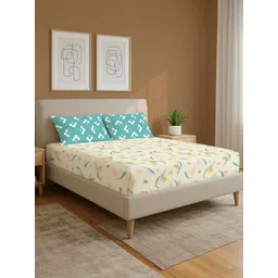 URBAN SPACE Cream-Coloured & Orange Floral 144 TC Queen Bedsheet with 2 Pillow Covers-picture-38