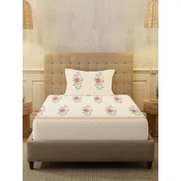 URBAN SPACE Cream-Coloured & Pink 200 TC Fitted Cotton Single Bedsheet Set 1.47 m x 2.28 m-picture-33