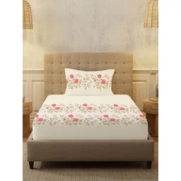 URBAN SPACE Cream-Coloured & Red Floral 200 TC Cotton Single Bedsheet Set 1.47 m x 2.28 m-picture-13