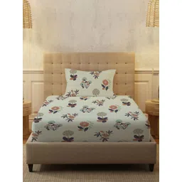 URBAN SPACE Grey & Orange Floral 200 TC Cotton Single Bedsheet Set 1.01 m x 1.98 m-image-37