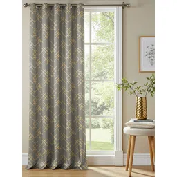 URBAN SPACE Grey & Yellow Printed Cotton Black Out Long Door Curtain-image-3