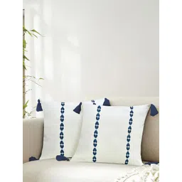 URBAN SPACE Navy Blue & White 2 Pieces Embroidered Pure Cotton Square Cushion Covers-picture-32