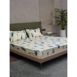 URBAN SPACE Off White & Blue Printed Cotton 200 TC Queen Bedsheet With 2 Pillow Covers-picture-22