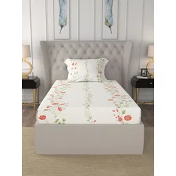 URBAN SPACE Peach-Coloured & White Floral Printed 200 TC Single Bedsheet & 1 Pillow Covers-picture-37