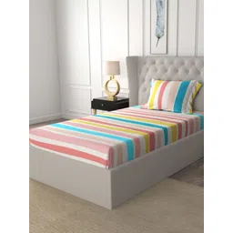 URBAN SPACE Pink & Blue Striped 200 TC Single Bedsheet with 1 Pillow Covers image 4