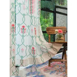 Urban Space Pink & Green Cotton Printed Door Curtain with Eyelets & Tieback - Set of 2 (8 ft)-picture-12