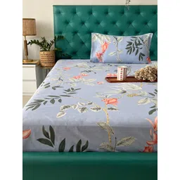 URBAN SPACE Serene Grey & Red Floral Cotton 200 TC Single Bedsheet with 1 Pillow Cover-image-38
