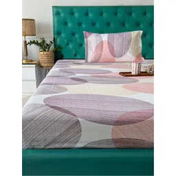 URBAN SPACE Serene Pink & Purple Geometric Cotton 200 TC Single Bedsheet & 1 Pillow Cover image 1