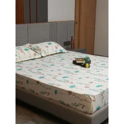 Urban Space Turquoise & White Cotton 200 TC Orchid Blooms King Fitted Bedsheet with 2 Pillow Covers-picture-24