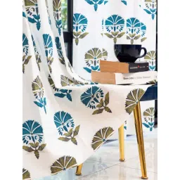 Urban Space White & Blue Cotton Owl Orchids Floral Printed Long Door Curtain - Set of 2-picture-39