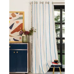 URBAN SPACE White & Blue Embroidered Cotton Window Curtain-picture-30