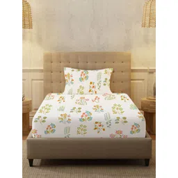 URBAN SPACE White & Blue Floral 200 TC Cotton Single Bedsheet Set 1.47 m x 2.28 m-picture-18