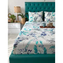 Urban Space White & Torquoise Blue Cotton 200 TC Single Bedsheet with 1 Pillow Cover-picture-12