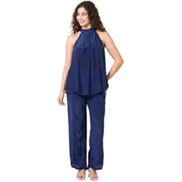 urban sundari Halter Neck Satin Top with Flared Trousers Co-Ord Sets-picture-0